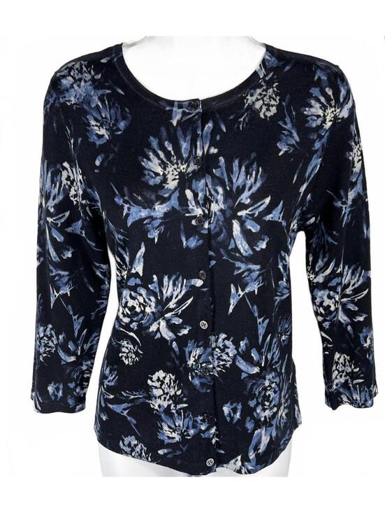 Garnet Hill Sweaters - Garnet Hill 100% Merino Wool Cardigan // Blue Floral Coastal Grandmother [M]